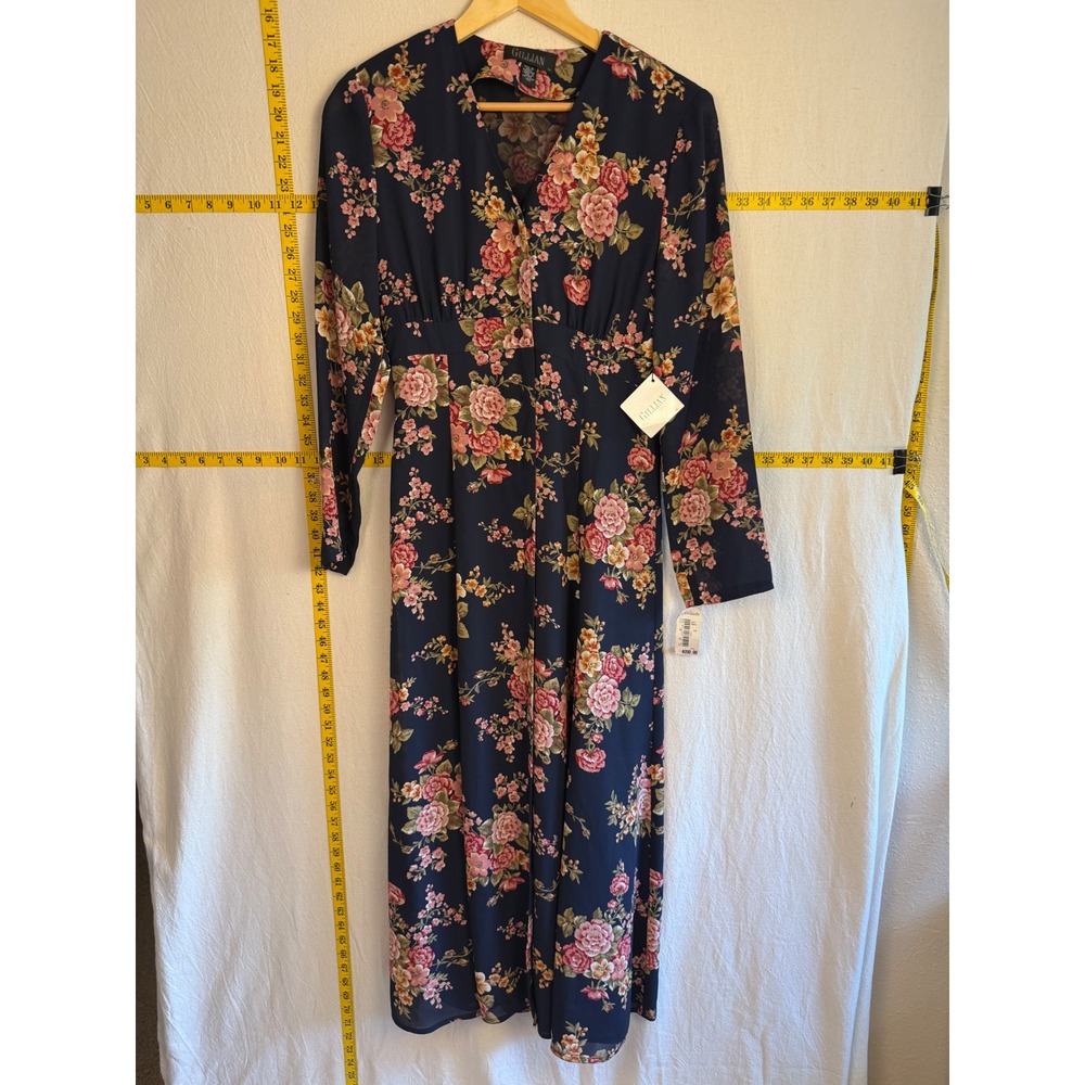 Gillian Romantic Maxi Dress Size 6 Navy Blue Floral Long Sleeve Chic Cottagecore